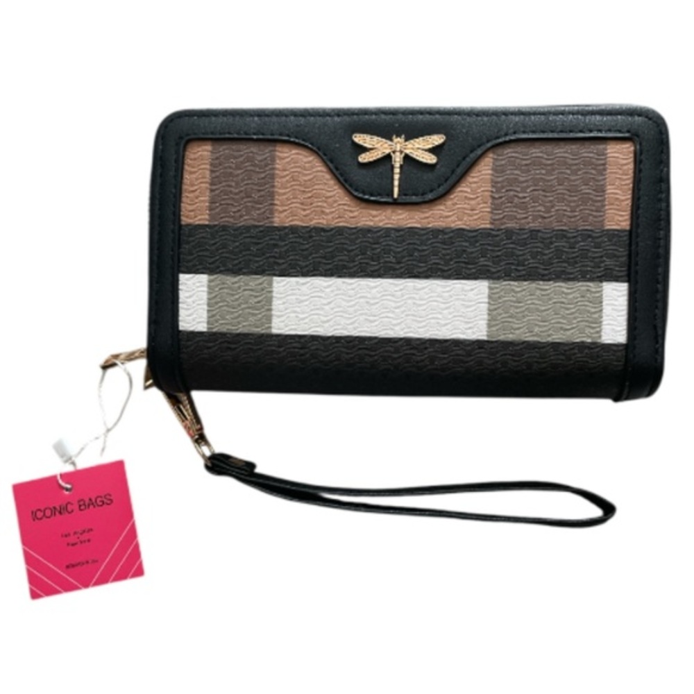 Iconic Bags plaid wallet with a dragonfly accent